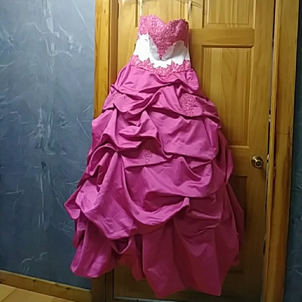 White and pink strapless prom dress